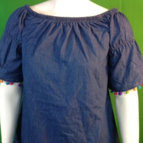 Denim Top with Colorful Pom Pom Trims - Picture 6 of 7